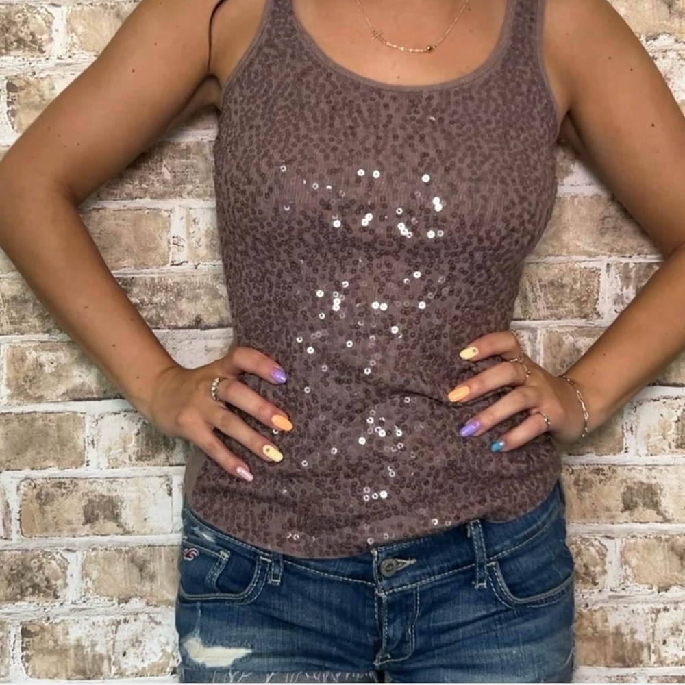 Express brown/taupe sequin top sz xs sparkle party stretchy 2000s Vtg